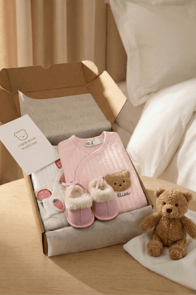 The Cozy Pink Boucle Baby Bear & Strawberry Personalised Gift Box