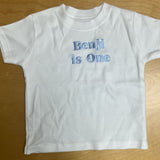 Sample Sale - 1-2yrs - 'Benji is one' in baby blue thread - logo printed about half way down the back of the top