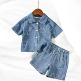 Summer Baby Embroidered Bear Denim Shorts Two-Piece Set