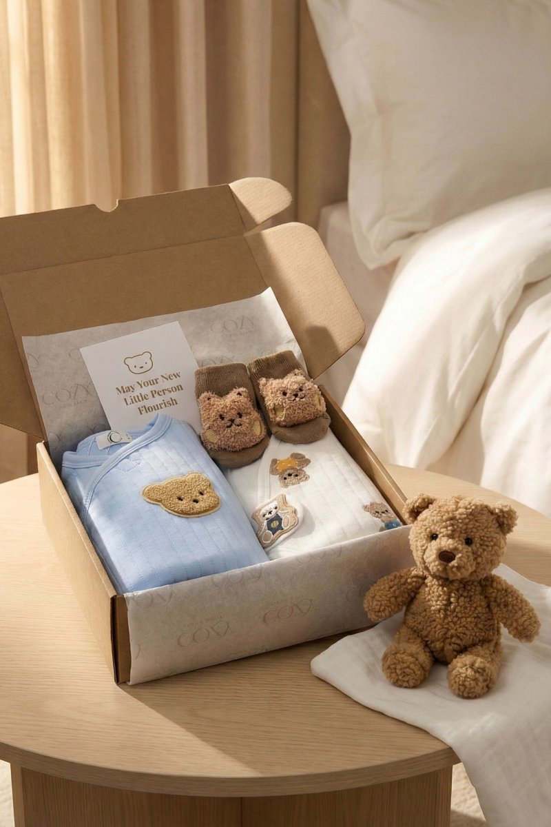 The Cozy Blue Boucle Baby Bear & Charming Bear Personalised Gift Box - Cozy Crew Club