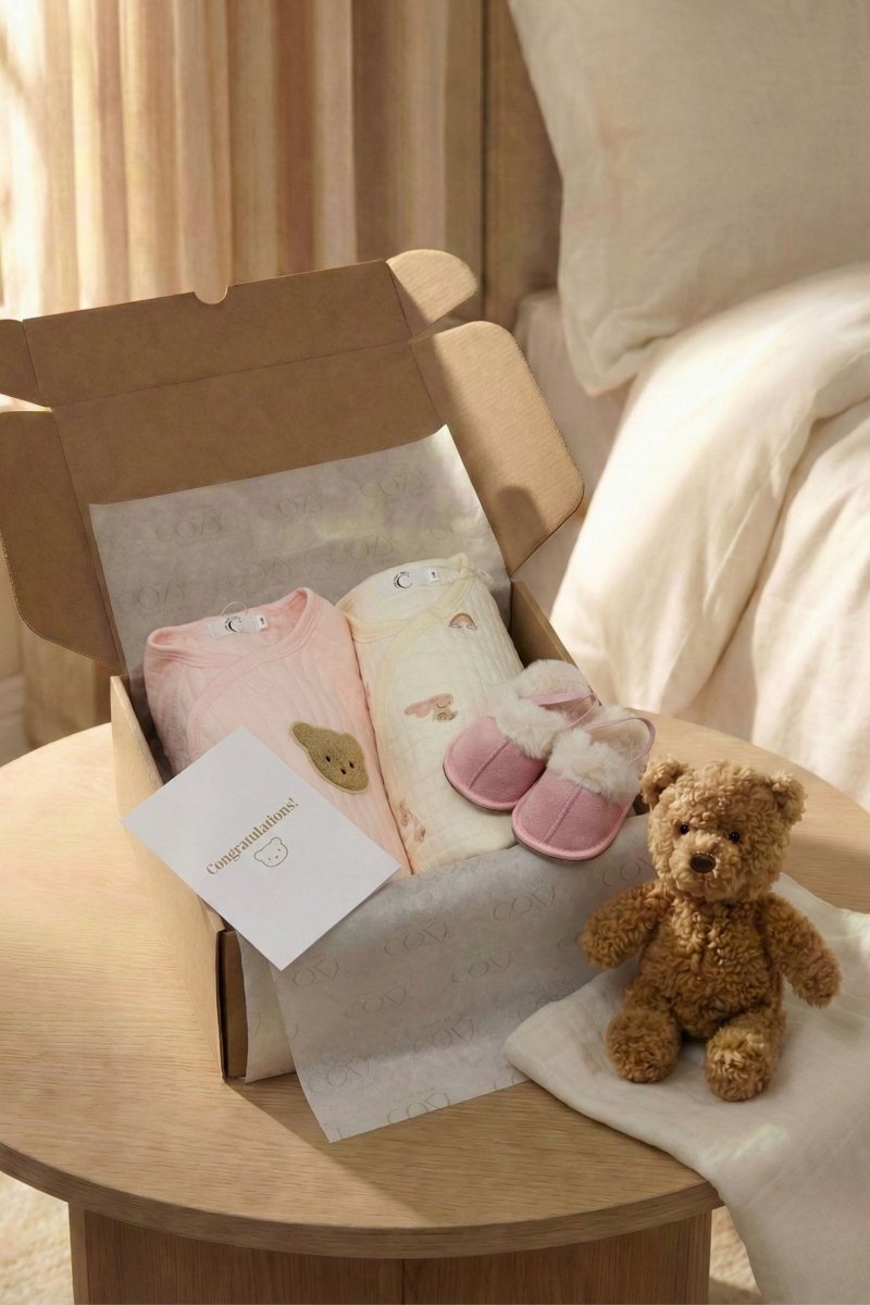 The Cozy Pink Boucle Baby Bear & Rainbow Personalised Gift Box - Cozy Crew Club