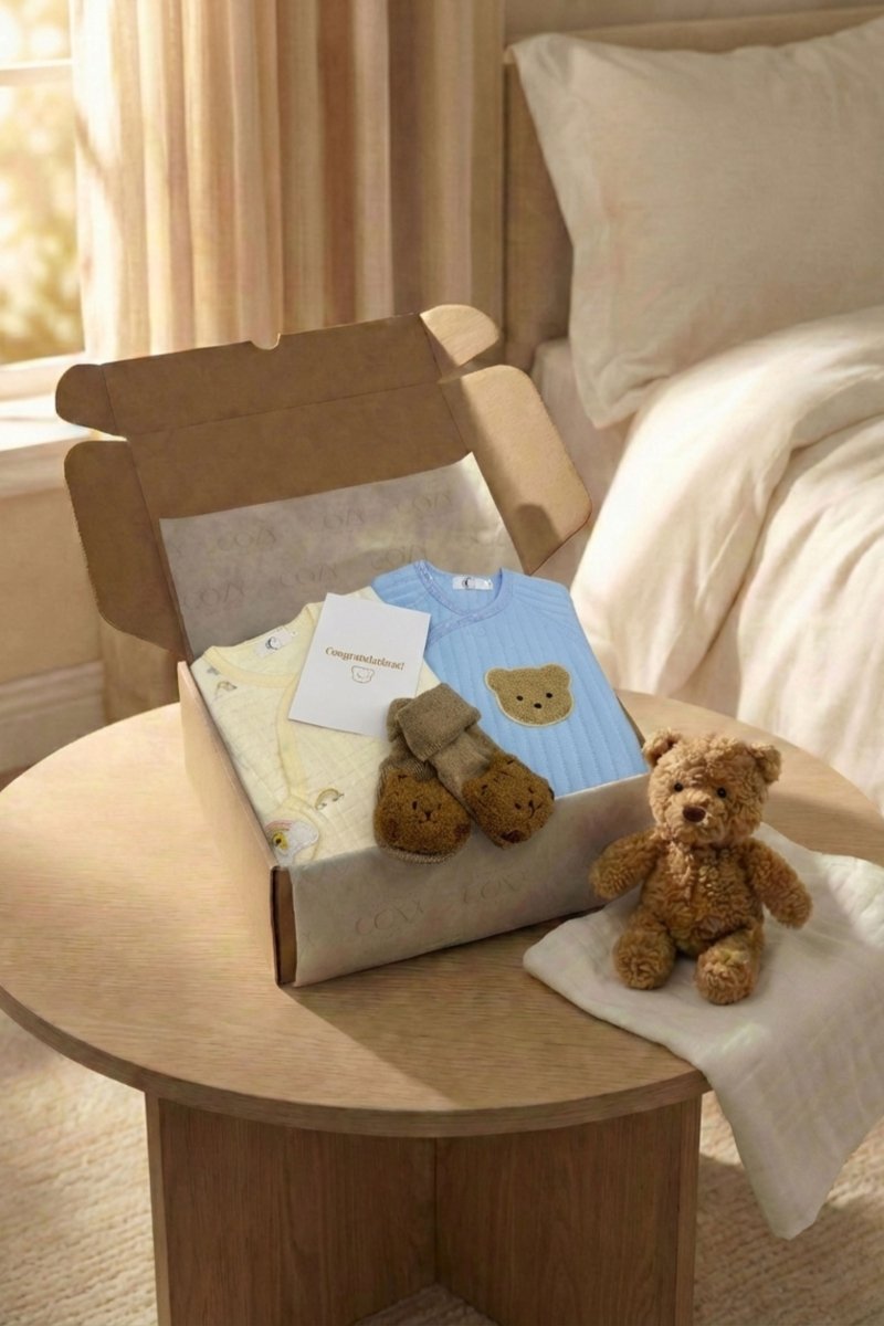 The Cozy Blue Boucle Baby Bear & Blue Rainbow Personalised Gift Box - Cozy Crew Club