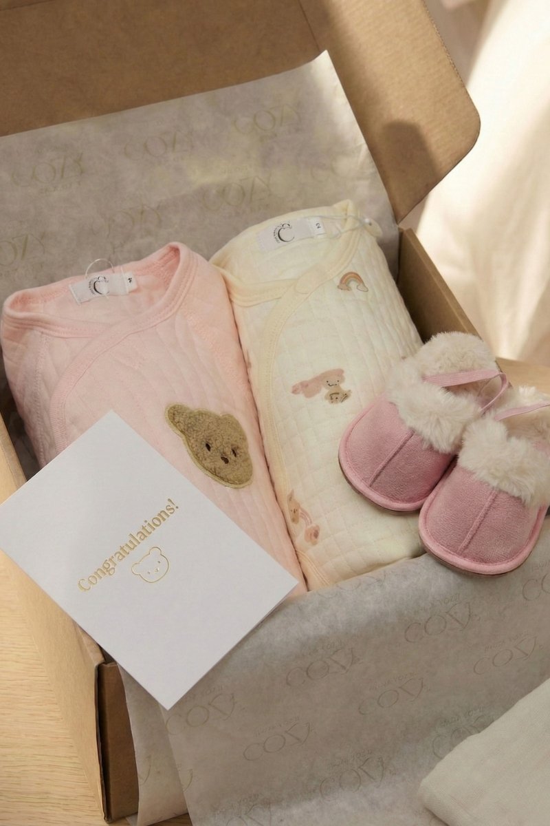 The Cozy Pink Boucle Baby Bear & Rainbow Personalised Gift Box - Cozy Crew Club