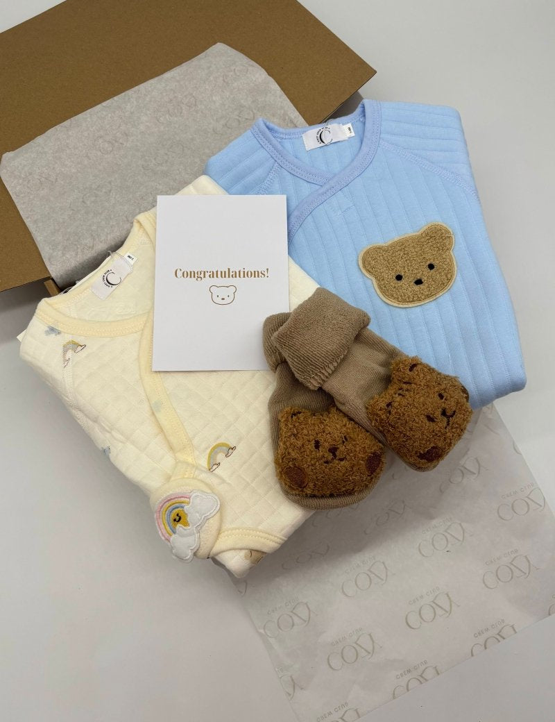The Cozy Blue Boucle Baby Bear & Blue Rainbow Personalised Gift Box - Cozy Crew Club