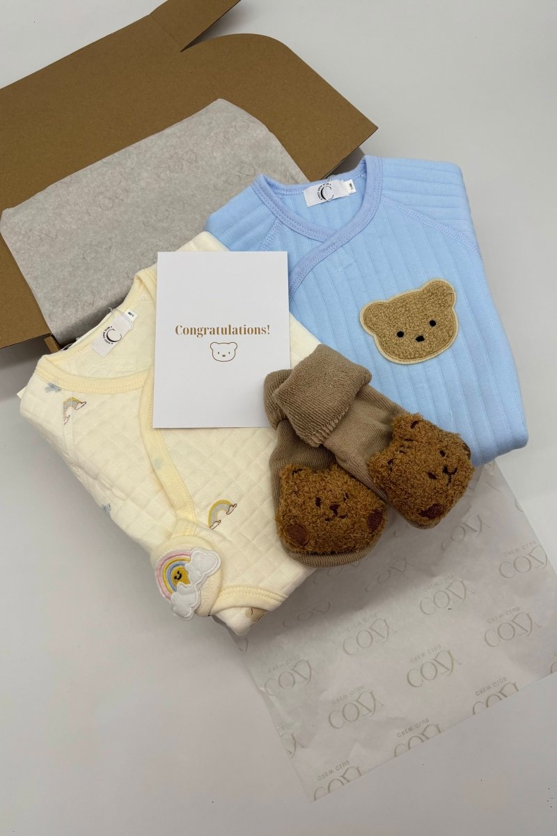 The Cozy Blue Boucle Baby Bear & Blue Rainbow Personalised Gift Box - Cozy Crew Club