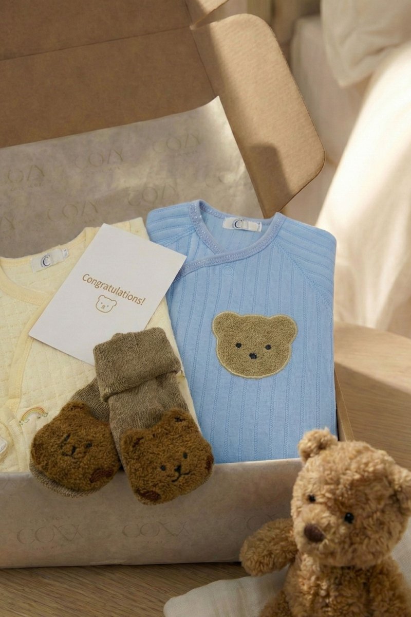 The Cozy Blue Boucle Baby Bear & Blue Rainbow Personalised Gift Box - Cozy Crew Club