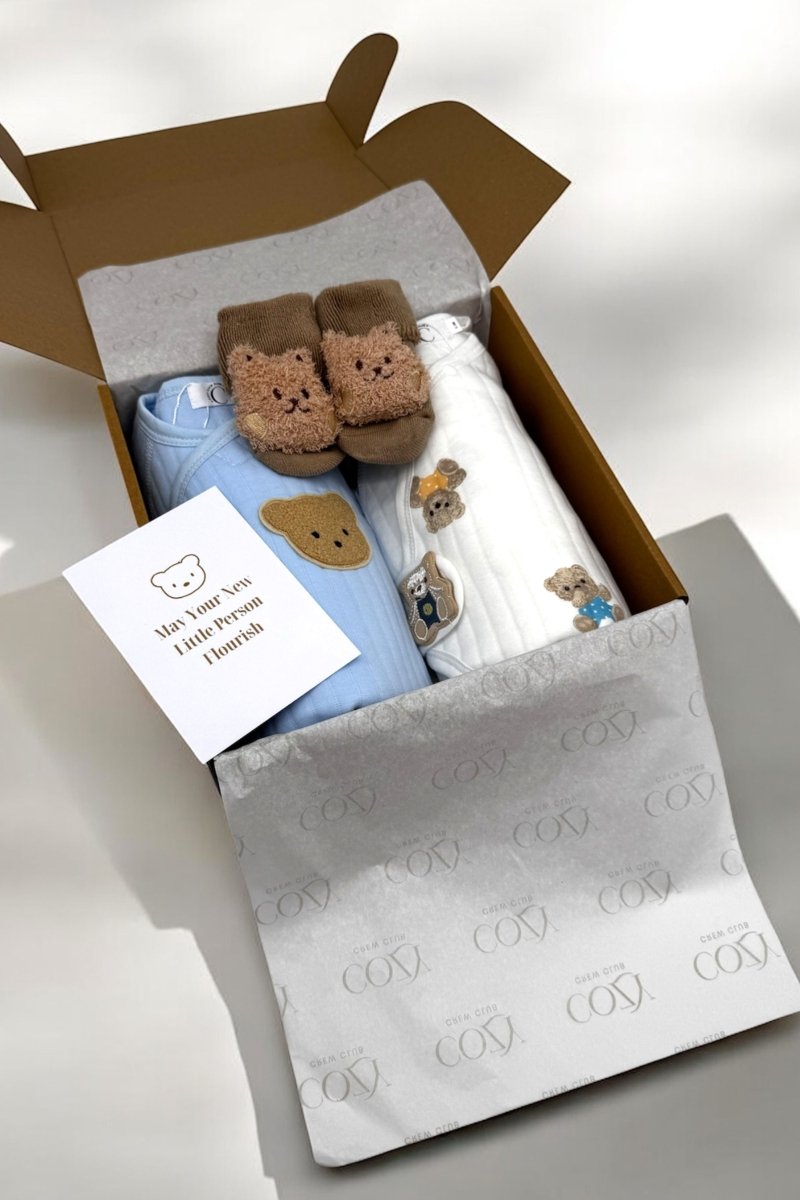 The Cozy Blue Boucle Baby Bear & Charming Bear Personalised Gift Box - Cozy Crew Club