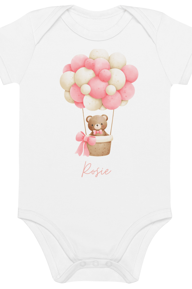Personalised Name Bear Pink Hot Air Baloon Bodysuit - Cozy Crew Club