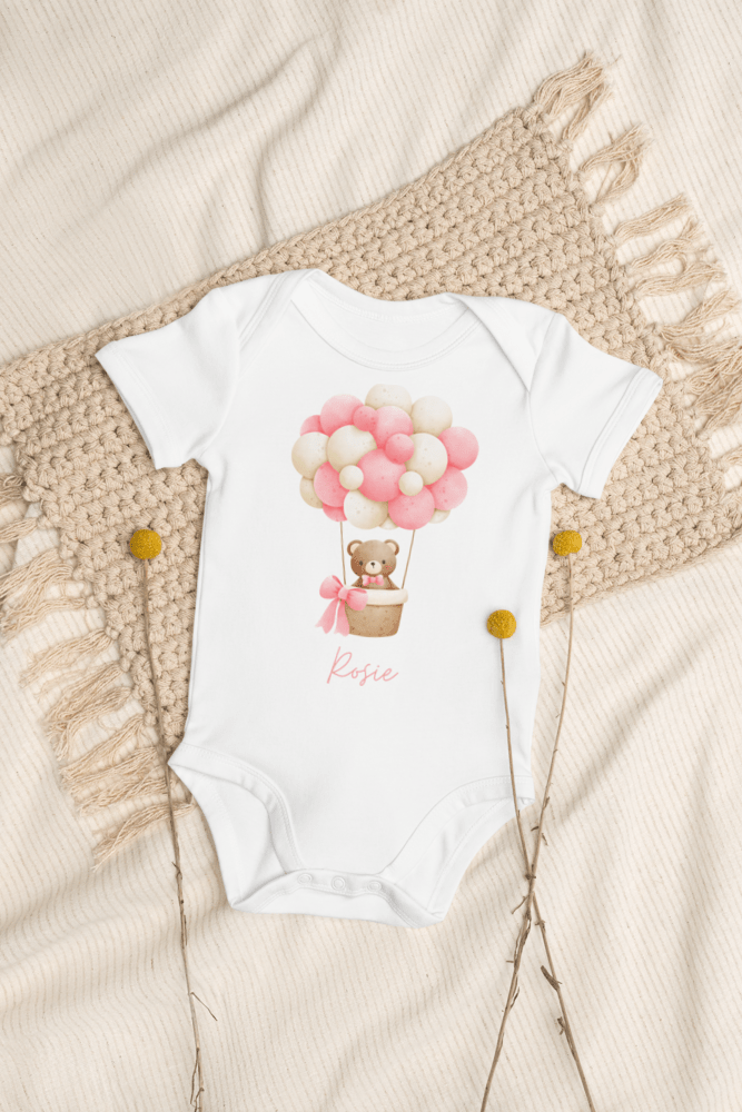 Personalised Name Bear Pink Hot Air Baloon Bodysuit - Cozy Crew Club