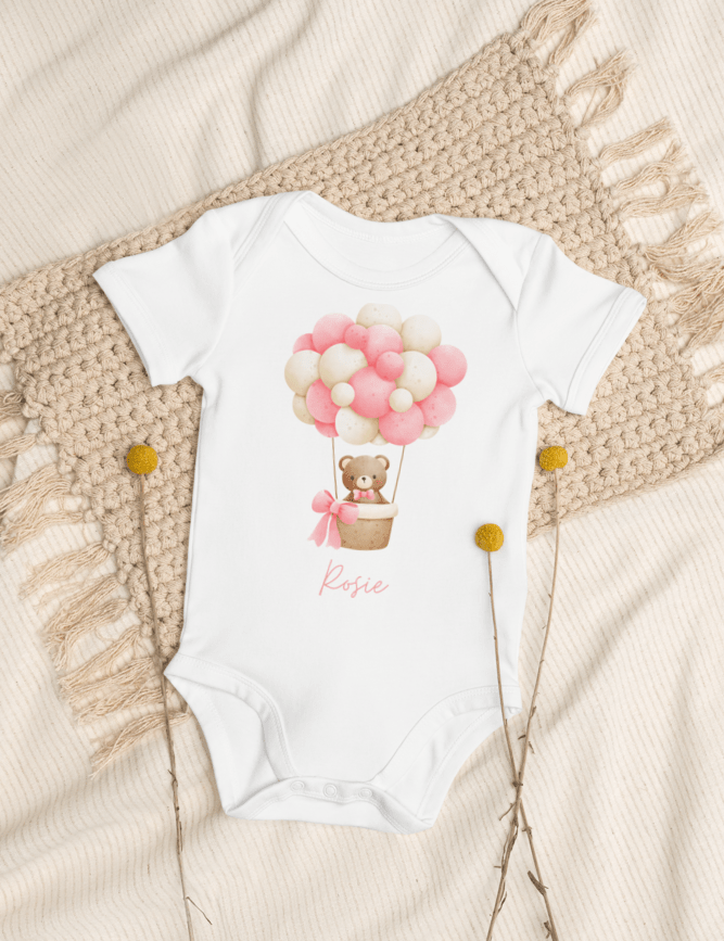 Personalised Name Bear Pink Hot Air Baloon Bodysuit - Cozy Crew Club