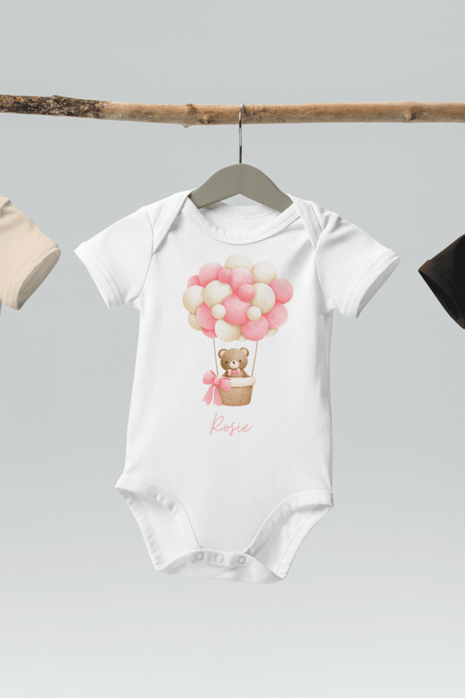 Personalised Name Bear Pink Hot Air Baloon Bodysuit - Cozy Crew Club