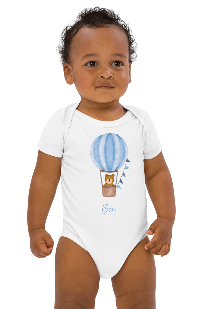 Personalised Name Bear Blue Hot Air Baloon Bodysuit - Cozy Crew Club