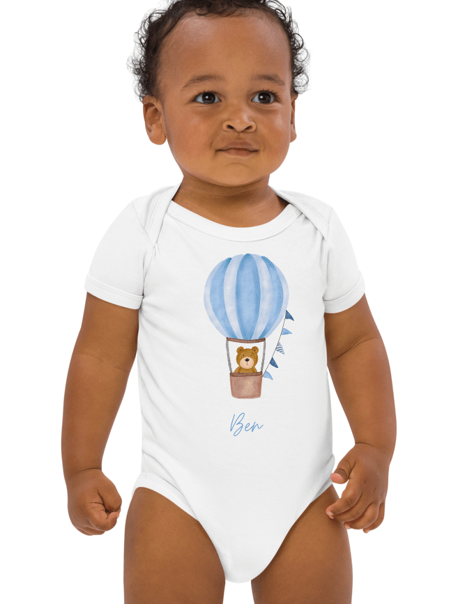 Personalised Name Bear Blue Hot Air Baloon Bodysuit - Cozy Crew Club