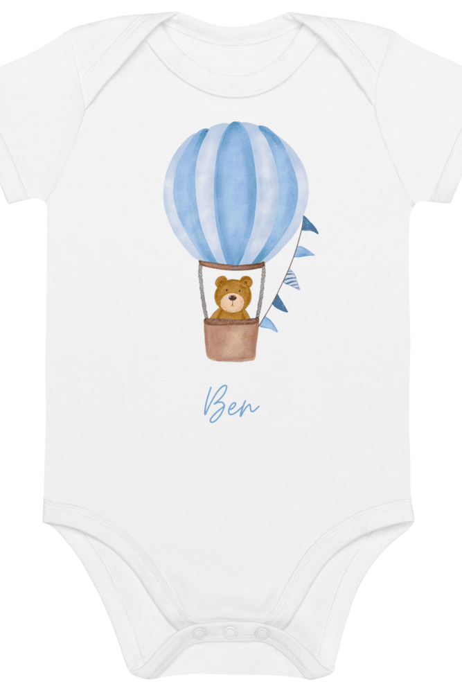 Personalised Name Bear Blue Hot Air Baloon Bodysuit - Cozy Crew Club