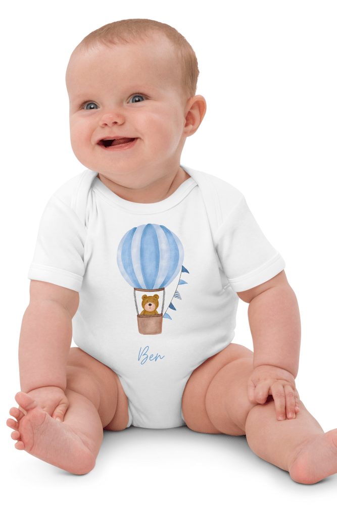 Personalised Name Bear Blue Hot Air Baloon Bodysuit - Cozy Crew Club