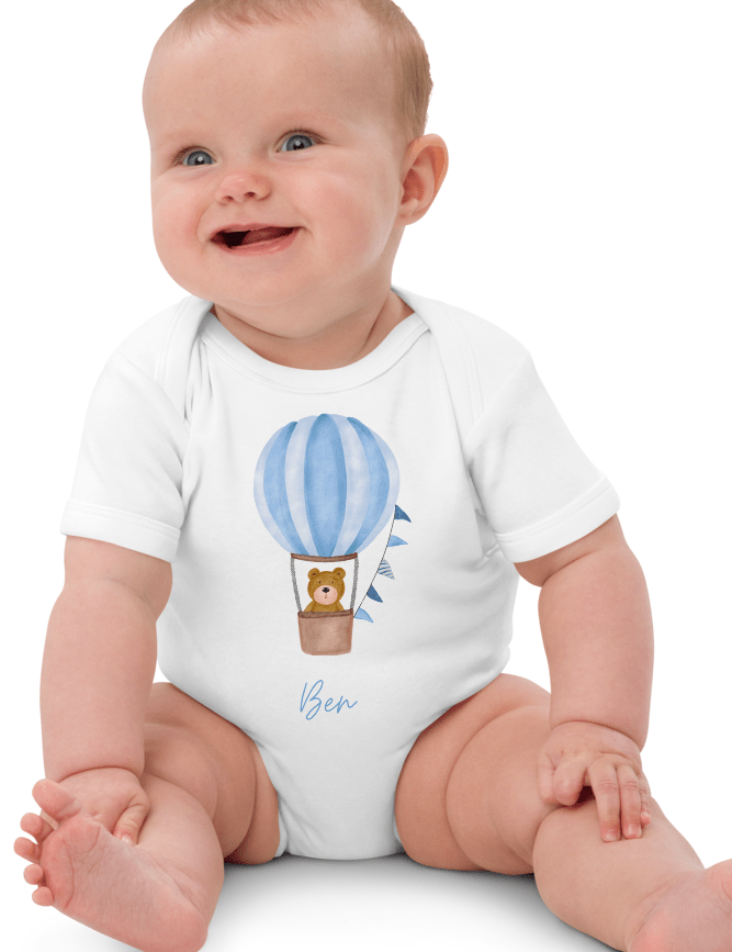 Personalised Name Bear Blue Hot Air Baloon Bodysuit - Cozy Crew Club