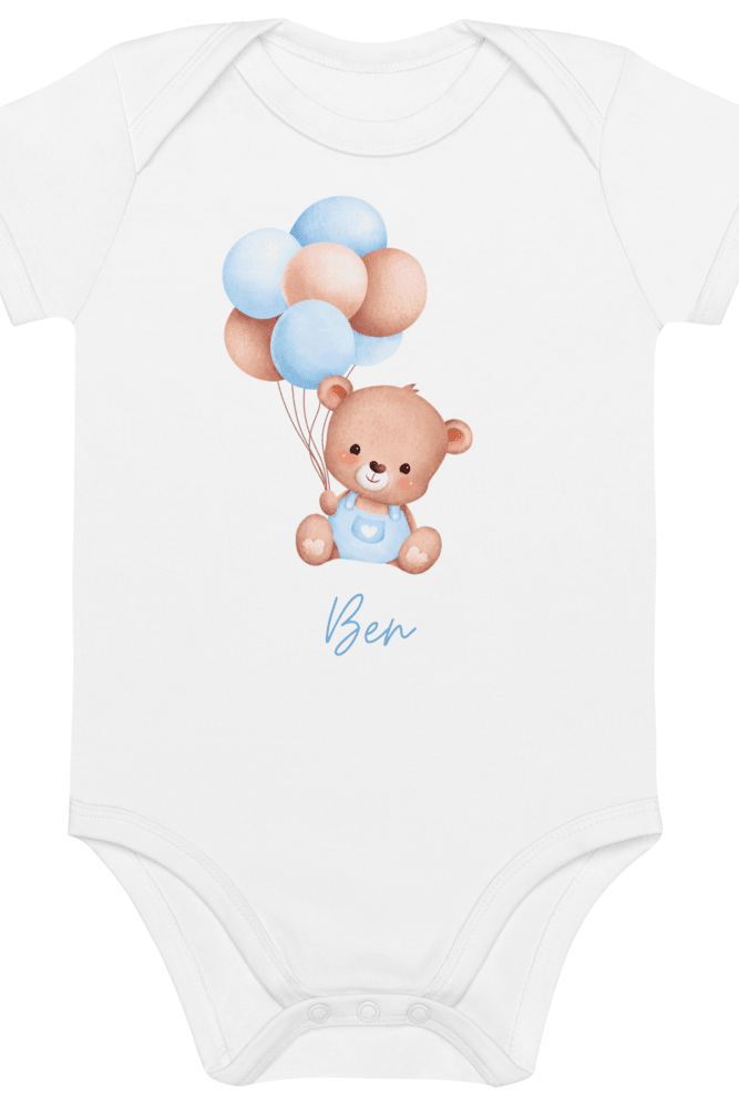 Personalised Name Bear Blue Baloon Bodysuit - Cozy Crew Club