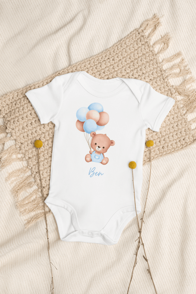 Personalised Name Bear Blue Baloon Bodysuit - Cozy Crew Club