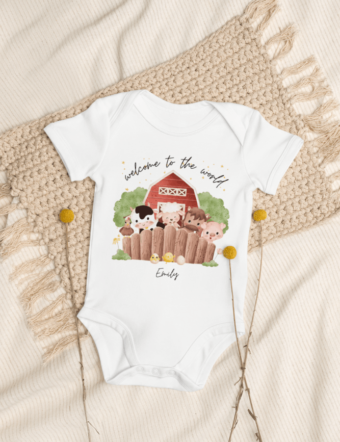 Welcome to the World Farm Animals (Personalised Name Bodysuit) - Cozy Crew Club
