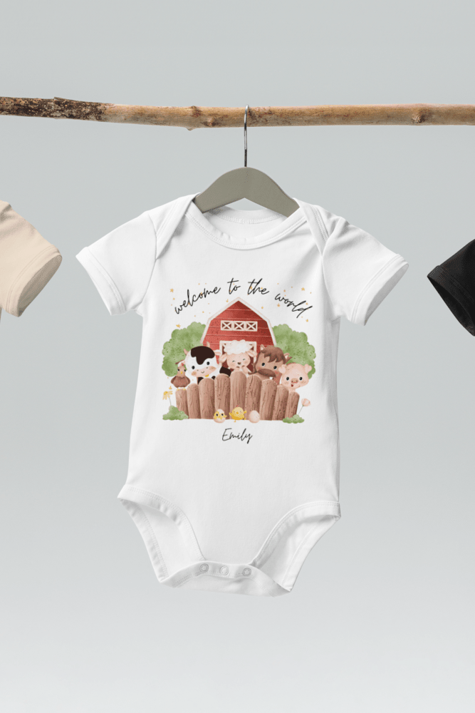 Welcome to the World Farm Animals (Personalised Name Bodysuit) - Cozy Crew Club