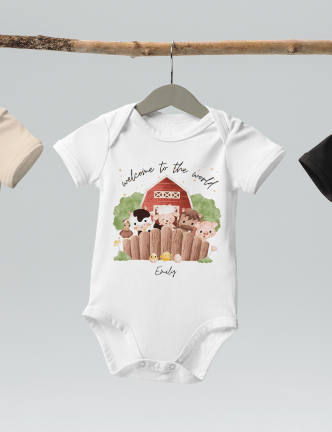 Welcome to the World Farm Animals (Personalised Name Bodysuit) - Cozy Crew Club