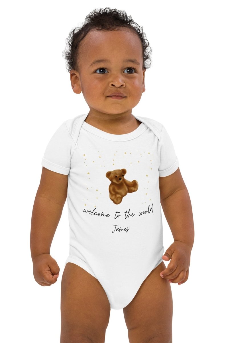 Welcome to the World (Personalised Name Bear Bodysuit) - Cozy Crew Club