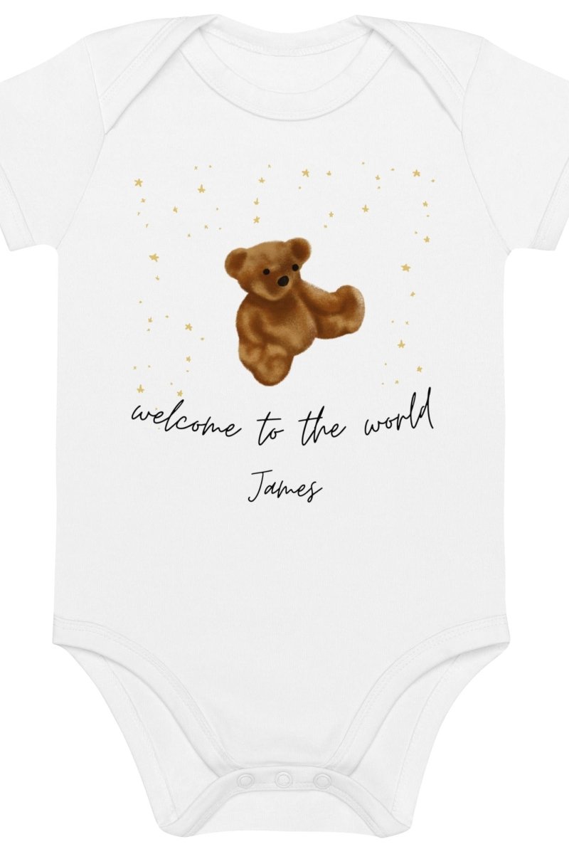 Welcome to the World (Personalised Name Bear Bodysuit) - Cozy Crew Club