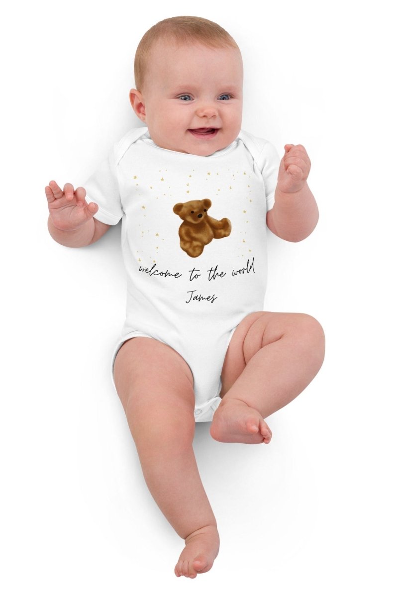 Welcome to the World (Personalised Name Bear Bodysuit) - Cozy Crew Club