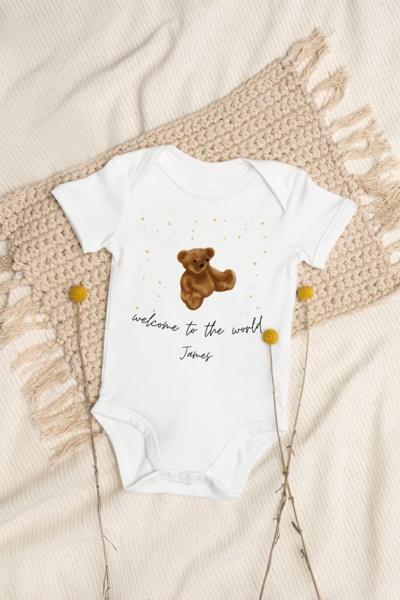 Welcome to the World (Personalised Name Bear Bodysuit) - Cozy Crew Club