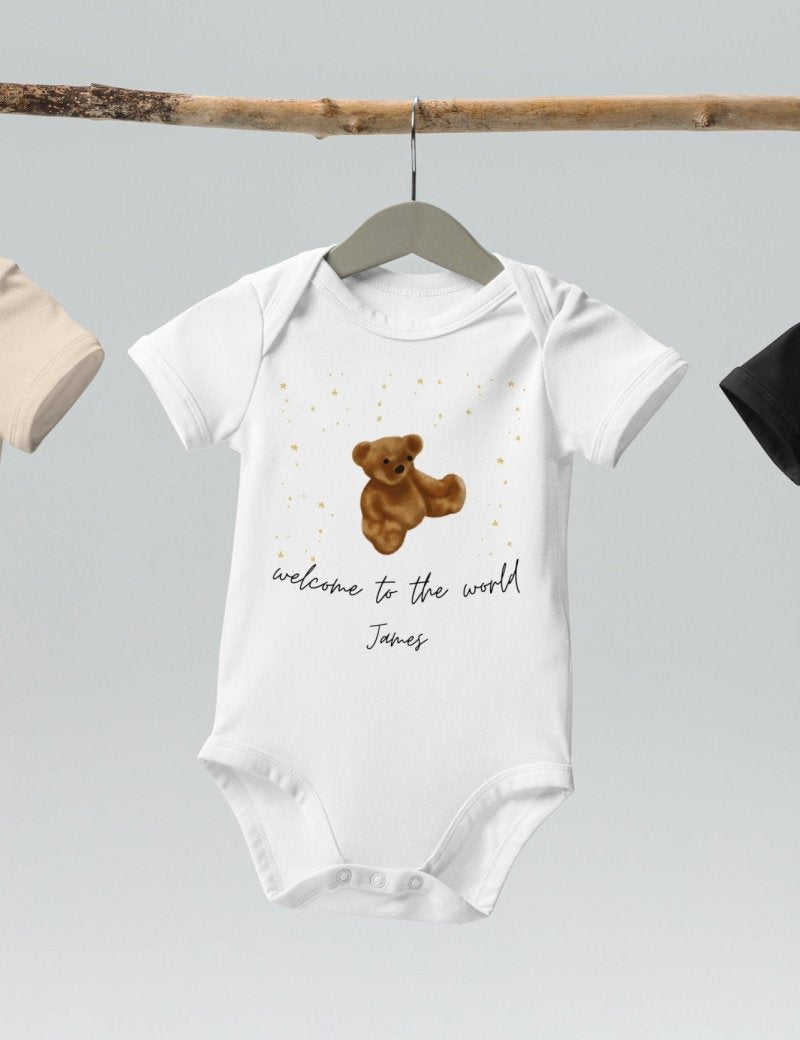 Welcome to the World (Personalised Name Bear Bodysuit) - Cozy Crew Club