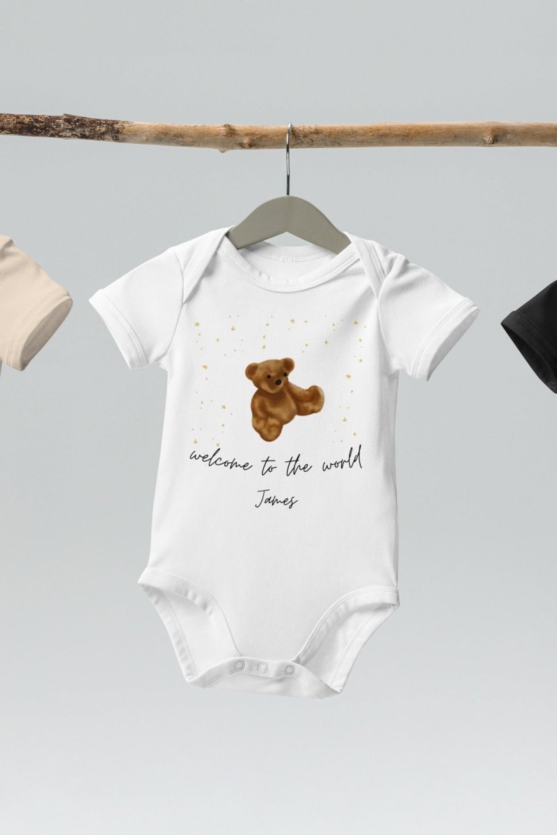 Welcome to the World (Personalised Name Bear Bodysuit) - Cozy Crew Club