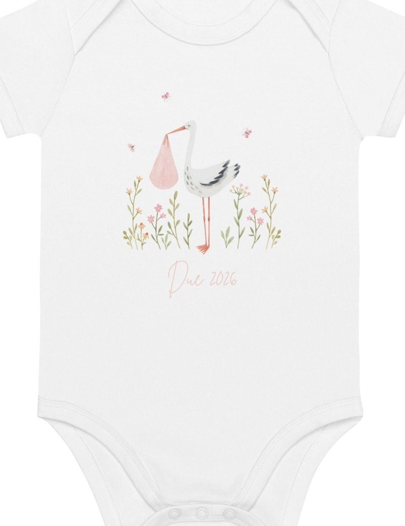Stork Baby Girl Due Bodysuit White - Cozy Crew Club