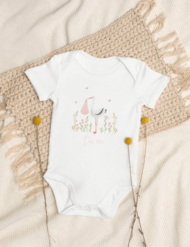 Stork Baby Girl Due Bodysuit White - Cozy Crew Club