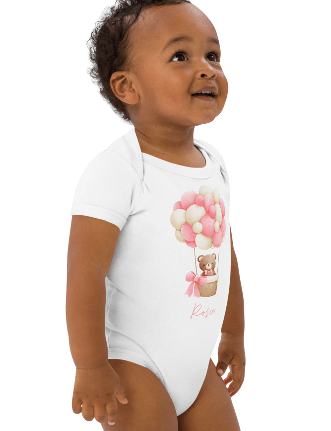 Personalised Name Bear Pink Hot Air Baloon Bodysuit - Cozy Crew Club