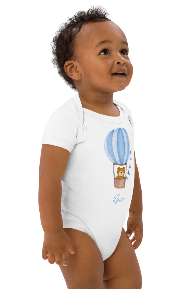 Personalised Name Bear Blue Hot Air Baloon Bodysuit - Cozy Crew Club
