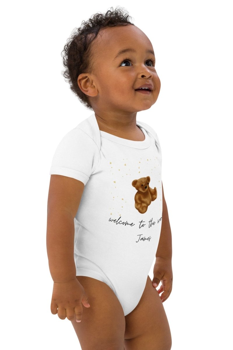 Welcome to the World (Personalised Name Bear Bodysuit) - Cozy Crew Club