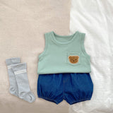 Baby Bear Patched Tops With Denim Shorts Sets