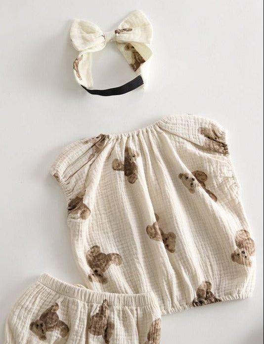 Bear 3 Piece Summer Set (T-Shirt, Shorts & Headband) - Cozy Crew Club