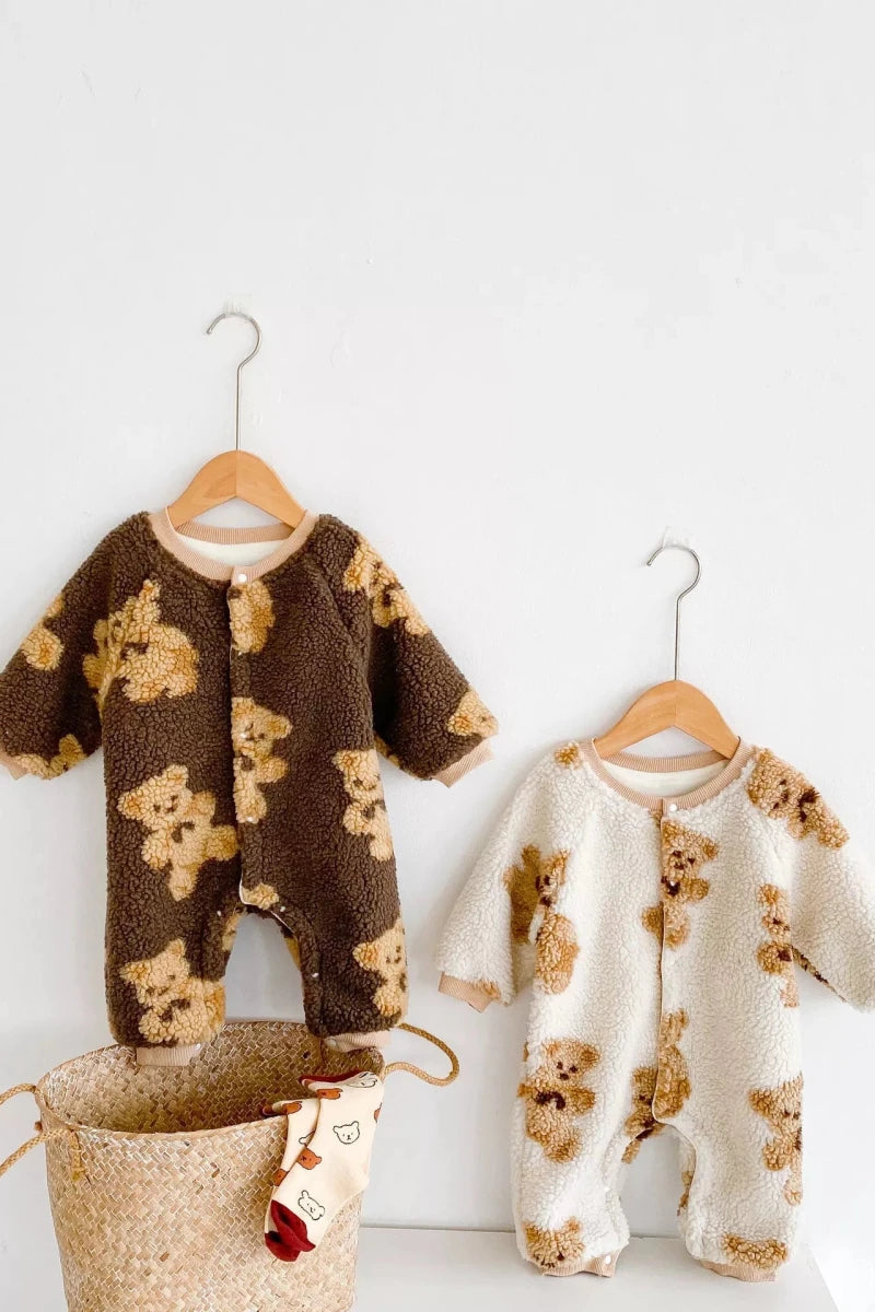Bear Fleece Romper Cream or Brown - Cozy Crew Club