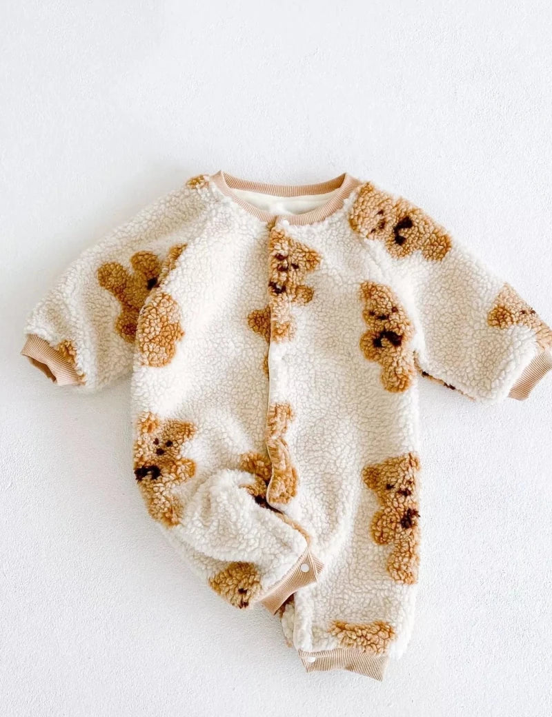 Bear Fleece Romper Cream or Brown - Cozy Crew Club