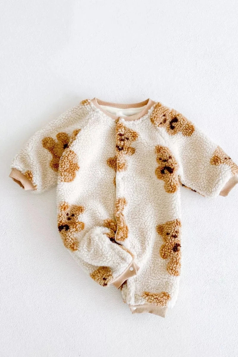 Bear Fleece Romper Cream or Brown - Cozy Crew Club